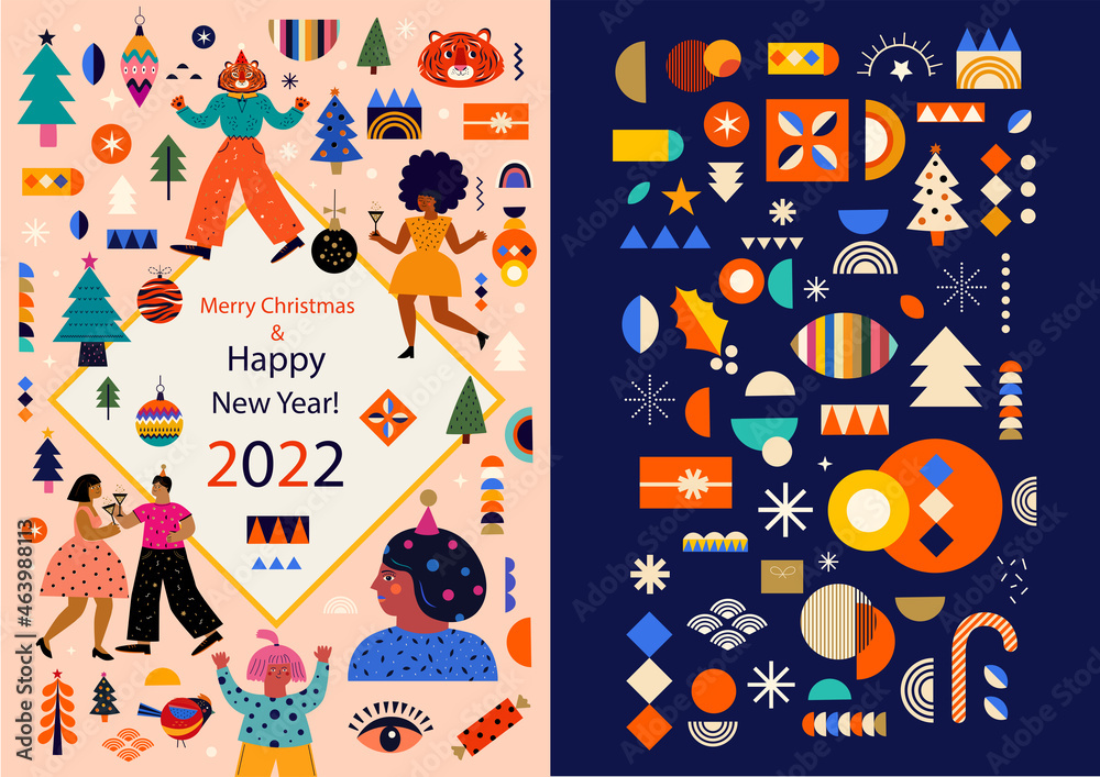 Trendy vector Christmas illustration and pattern with New Year and Christmas symbols