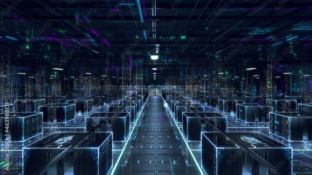 Modern Data Technology Center Server Racks in Dark Room with VFX. Animated Visualization Concept of Internet of Things, Data Flow, Digitalization of Internet Traffic. Moving Forward Camera Shot.