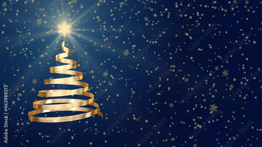 Swirling satin ribbon formed like a christmas tree - snowing dark blue background