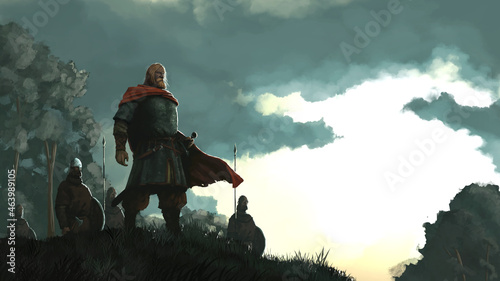 Canvas Print Vikings at dawn stand against the background of the forest