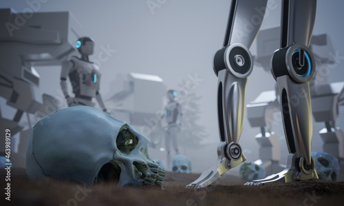 Futuristic war between robots and humans. Human skulls on the ground and many robots around. 3D rendered illustration.