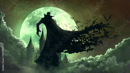Dracula stands on a rock, his cloak fluttering in the wind. In the background is a gloomy castle, a full moon and clouds. 2D illustration, digital art style, illustration painting 