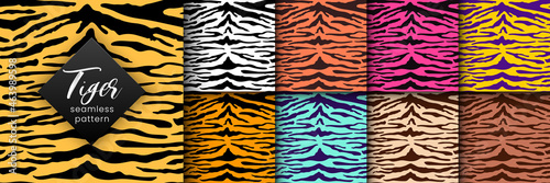 Tiger seamless pattern set. Vector wild animal skin textured background, tiger or zebra stripes print on color background. Abstract jungle safari texture for fashion print design, fabric, textile