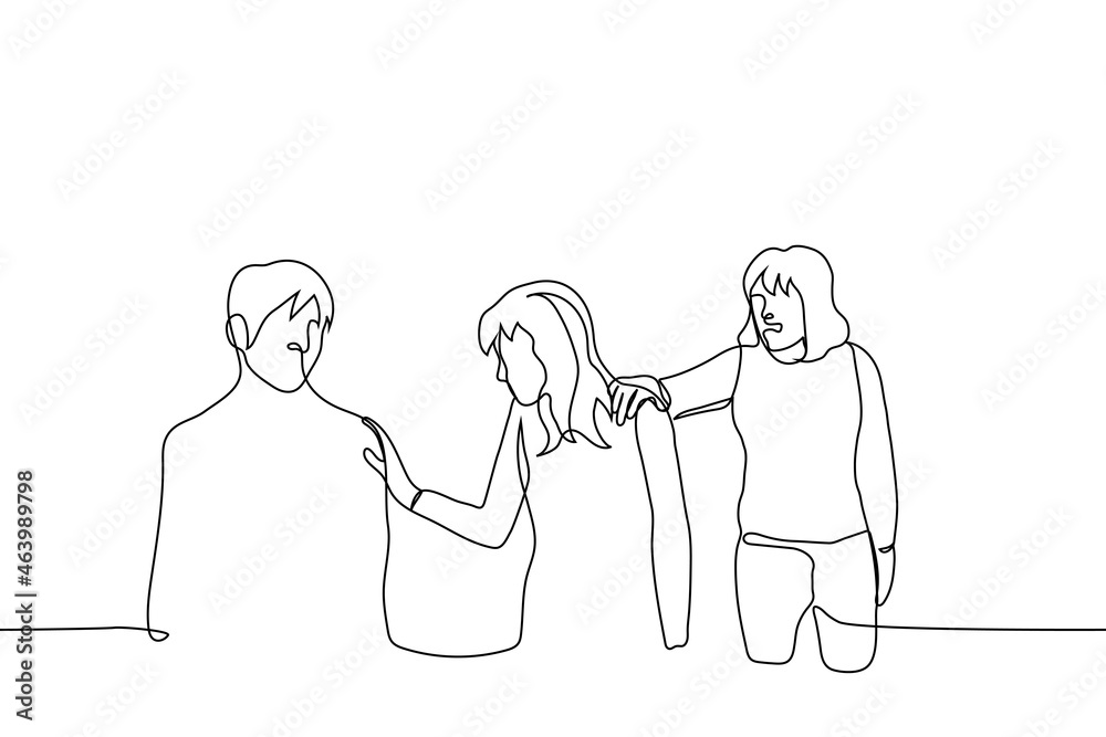 woman grabs another woman's shoulder that touches the man's shoulder - one line drawing. a woman is jealous of her friend for new friends, lesbian is jealous of her beloved for a man woman grabs another woman's shoulder that touches the man's shoulder - one line drawing. a woman is jealous of her friend for new friends, lesbian is jealous of her beloved for a man