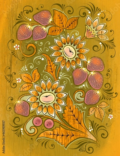 Hand painted in Russian tradition. Russian traditional decorate artwork. Floral patterns. photo