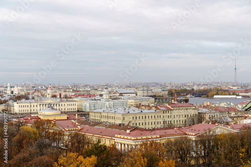 Panorama of St. Petersburg from the background height. View of the rooftops of St. Petersburg in autumn. Points of interest and city center