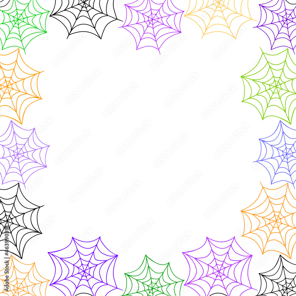 Square frame, border of spider web. Halloween vector background. Multicolored, colorful, isolated, hand drawn decor Square frame, border of spider web. Halloween vector background. Multicolored, colorful, isolated, hand drawn decor