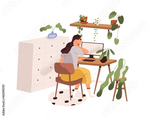 Woman work with computer, sitting at desk in home office. Freelancer at modern cozy remote workplace with table, desktop and potted house plants. Flat vector illustration isolated on white background