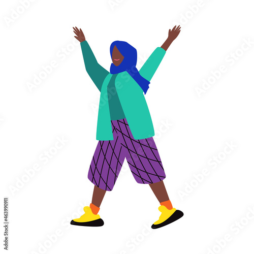 Vector illustration of cartoon ethnic female character in colorful clothes and traditional headscarf raising arms and smiling happily isolated on white background