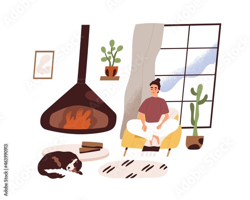 Woman relaxing and meditating in modern cozy living room at home, sitting in comfortable armchair by fireplace. Peaceful rest by fireside. Colored flat vector illustration isolated on white background