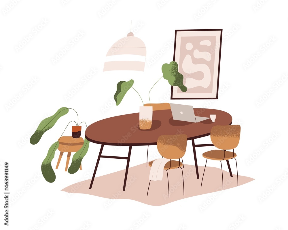 Dining room interior design. Cozy minimalistic home with round wood table with laptop, chairs, house plants, carpet, chandelier and picture. Flat vector illustration isolated on white background - obrazy, fototapety, plakaty 