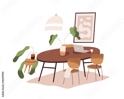 Dining room interior design. Cozy minimalistic home with round wood table with laptop, chairs, house plants, carpet, chandelier and picture. Flat vector illustration isolated on white background