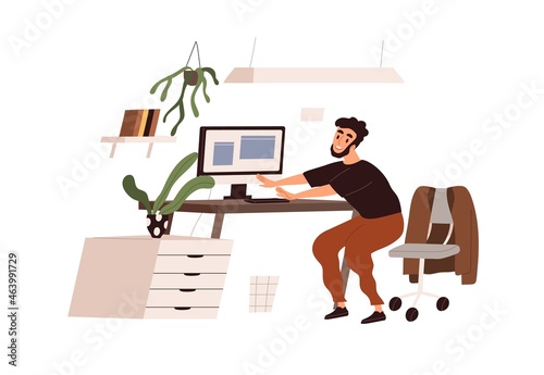 Happy person doing physical exercises, squats at workplace. Employee at active healthy break, body workout at work. Warmup at office desk. Flat vector illustration isolated on white background