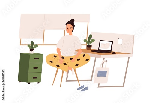 Person doing yoga exercises during work break. Meditation of happy office worker on chair at workplace. Employee meditating in lotus pose at desk. Flat vector illustration isolated on white background