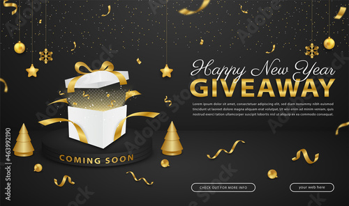 New year giveaway banner template with podium on black background