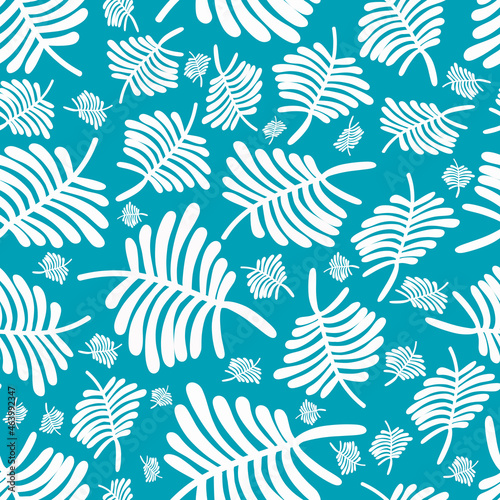 Cute fern white leaves simple drawing seamless pattern on blue background