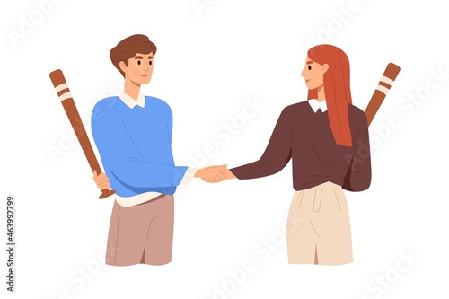Handshake of business partners cheating and betraying each other. Concept of bad partnership, betrayal and deception. Hypocrisy of colleagues. Flat vector illustration isolated on white background