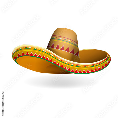 Realistic Detailed 3d Mexican Sombrero Hat Element of Traditional Costume Isolated on a White Background. Vector illustration