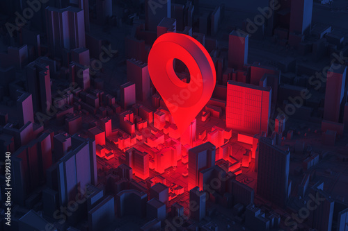 3D city at night with backlight and red geotag. Online Map Concept. 3d rendering. photo