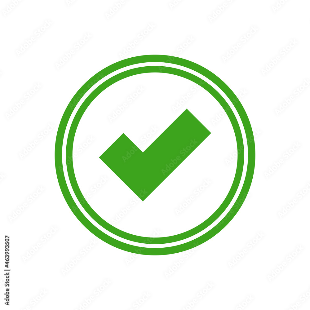 Valid Seal icon. Green circle with green tick. Flat OK sticker icon. Isolated on white. Valid Seal icon. Green circle with green tick. Flat OK sticker icon. Isolated on white.