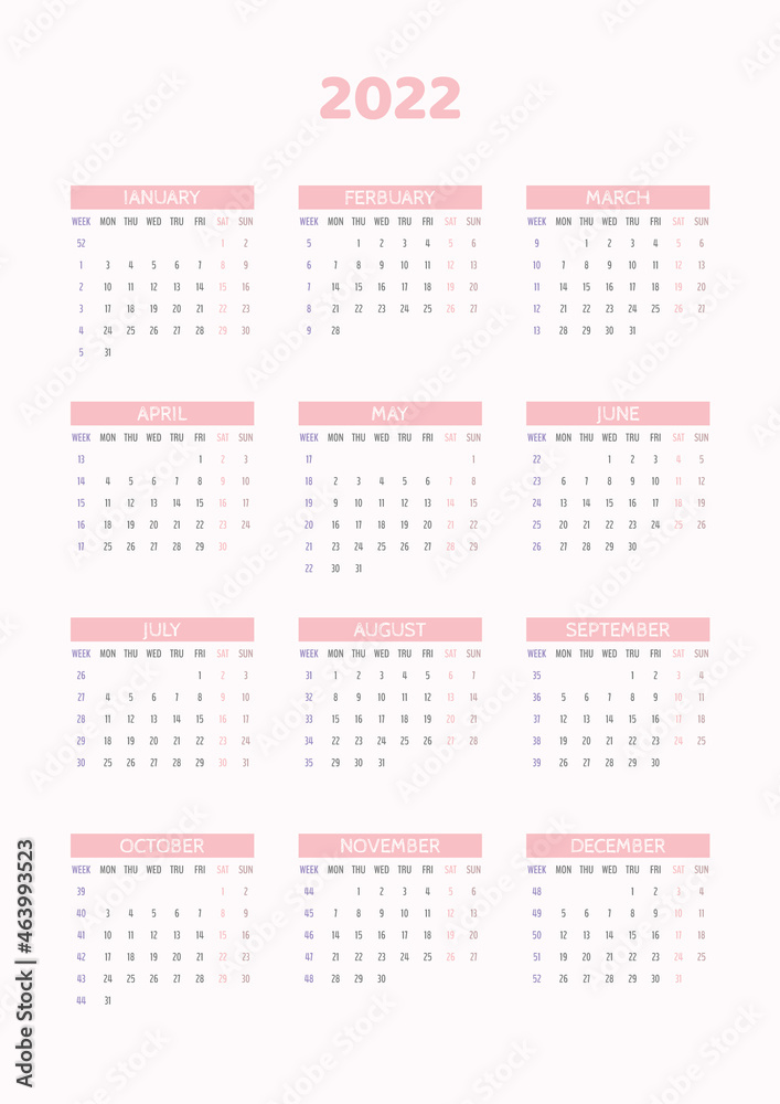 2022 calendar, week starts with Monday 2022 calendar, week starts with Monday