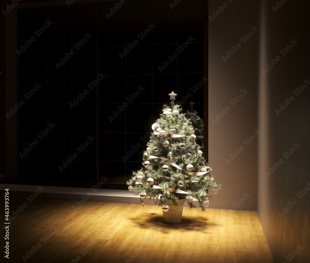 Christmas concept interior room, christmas tree, white room interior with wooden floor.