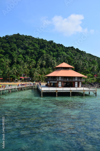 Classic building harbour quayside and wooden walkway bridge in sea ocean for thai people and foreign travelers walking travel visit rest relax at Koh Chang island in Gulf of Thailand in Trat, Thailand