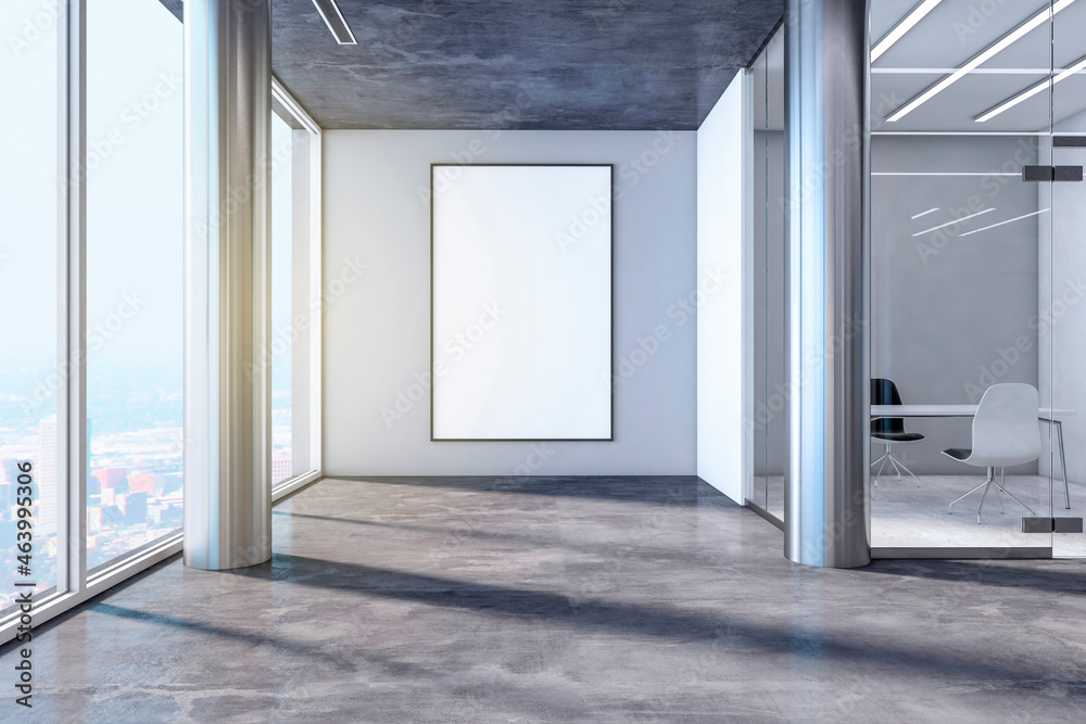 Modern empty concrete interior with blank mock up banner, window and city view. Minimalism and design concept. 3D Rendering.