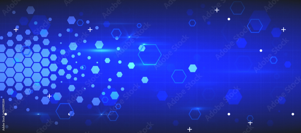 Creative glowing wide hexagonal texture in color blue with mesh and grid. Landing page concept. 3D Rendering.
