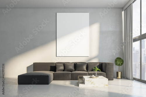 Modern living room interior with empty white mock up poster on concrete wall, big couch, other pieces of furniture, curtain, window with daylight and city view. 3D Rendering.