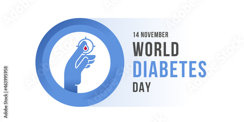 world diabetes day banner - hand with focus drop blood on finge in Universal blue circle symbol for diabetes vector design