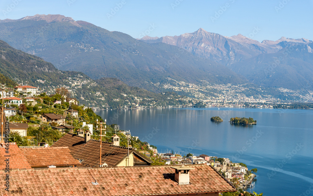 Landscape of Lake Maggiore with Brissago islands and Brissago village in canton Ticino, Brissago, Switzerland