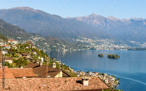 Landscape of Lake Maggiore with Brissago islands and Brissago village in canton Ticino, Brissago, Switzerland © EleSi