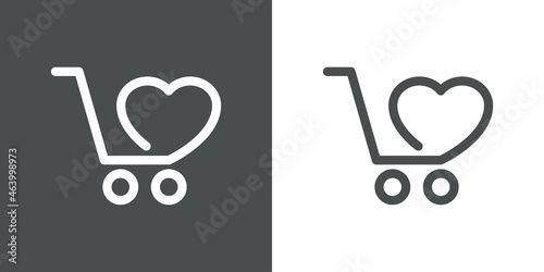 I love shop. Logotipo con silueta de carrito de la compra con corazón con lineas en fondo gris y fondo blanco