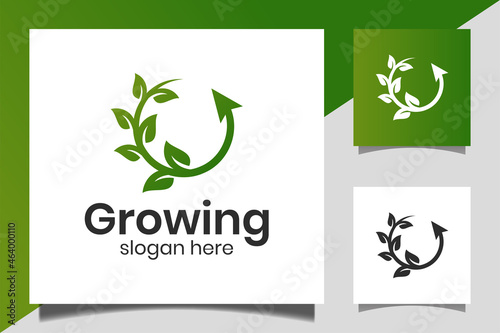 leaf green growing ecology pure with arrow icon for agriculture logo design