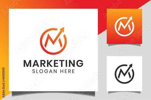 Circle shape letter m with statistics arrow upper or growth icon for business start up, marketing logo template