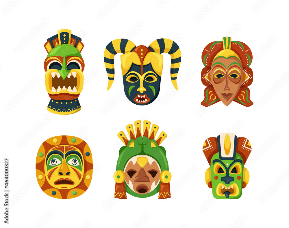 Tiki masks set. Multicolored Mexican Indian or African ethnic mask decorated tribal design elements