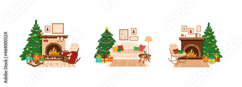 Cozy living room decorated for winter holiday celebration set. Home interior with Christmas tree