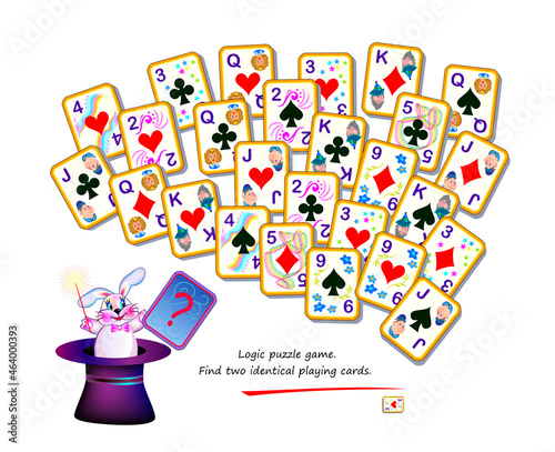 Logic puzzle game for children and adults. Find two identical playing cards. Memory exercises for seniors. Page for kids brain teaser book. Developing spatial thinking. Play online. Vector image.