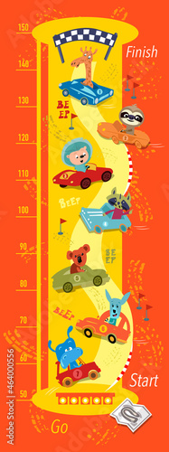 Race track with animals and cars. Cartoon vector illustration. Meter wall or height chart