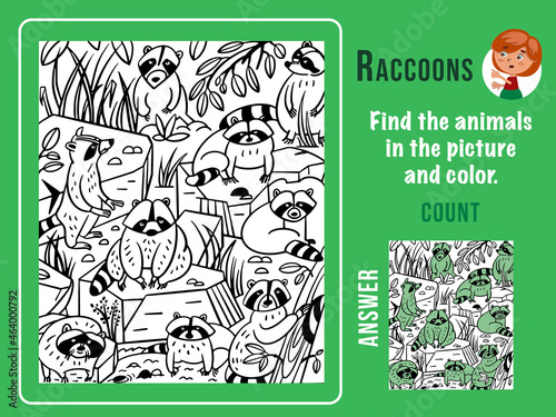 Find raccoons, color and count. Games for kids. Puzzle game with hidden objects. Funny cartoon characters. Vector illustration.