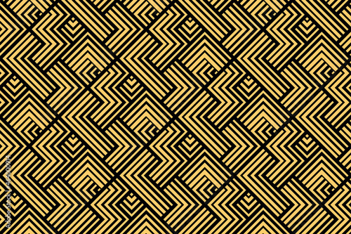 Abstract geometric pattern with stripes, lines. Seamless vector background. Gold and black ornament. Simple lattice graphic design