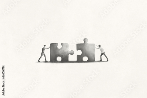 Illustration of teamwork assembling puzzle pieces, business problem solving abstract concept 