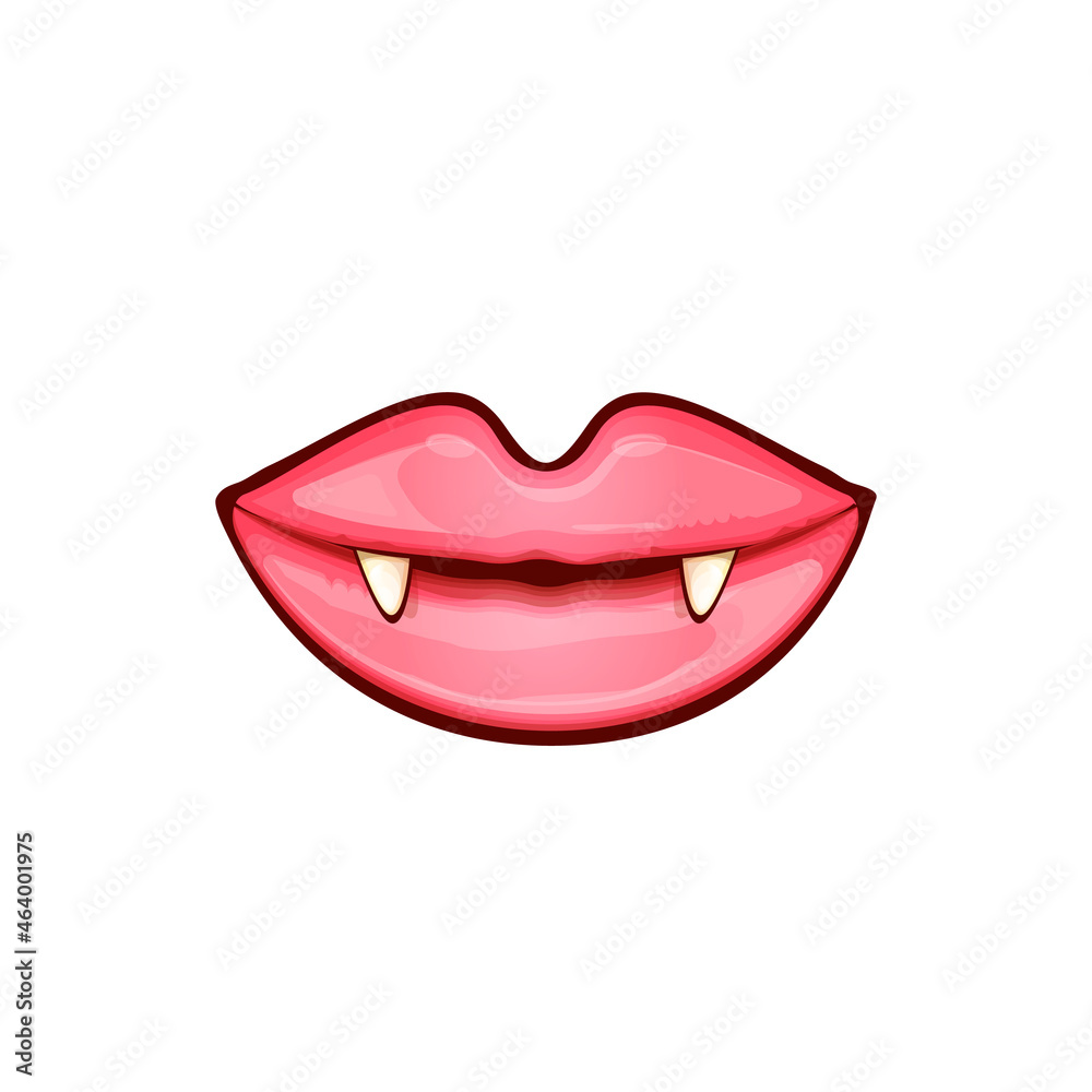 Sexy red vampire woman lips with fangs isolated on white background. Vector cartoon girl vampire mouth with vampires teeth icon or label vector illustration for printing on t-shirt