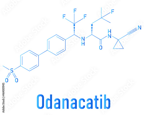 Odanacatib drug molecule. Investigational treatment for osteoporosis and bone metastasis. Inhibitor of cathepsin K. Skeletal formula.