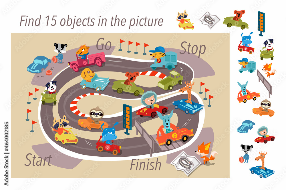 Fototapeta premium Find 15 hidden objects in picture. Cute animals in cars on track. Children Game. Activities, vector illustration.