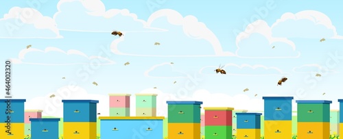 Apiary. Rural farm landscape with colorful bee hives. Bright summer sky with white clouds and flight of bees. Beekeeper illustration with beehive. Vector