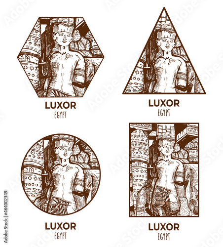 Egyptian ruins in the frame vector sketch. luxor city. images of the pharaoh in different frames. vector. sketch. eps