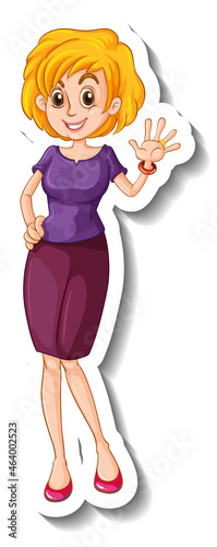 A sticker template with a woman wearing purple dress in standing pose