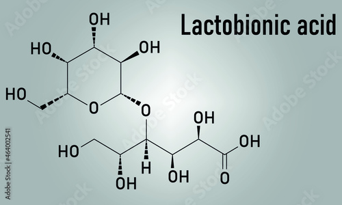 Lactobionic acid (lactobionate) molecule. Commonly used additive in food products, medicinal products and cosmetics. Skeletal formula. photo